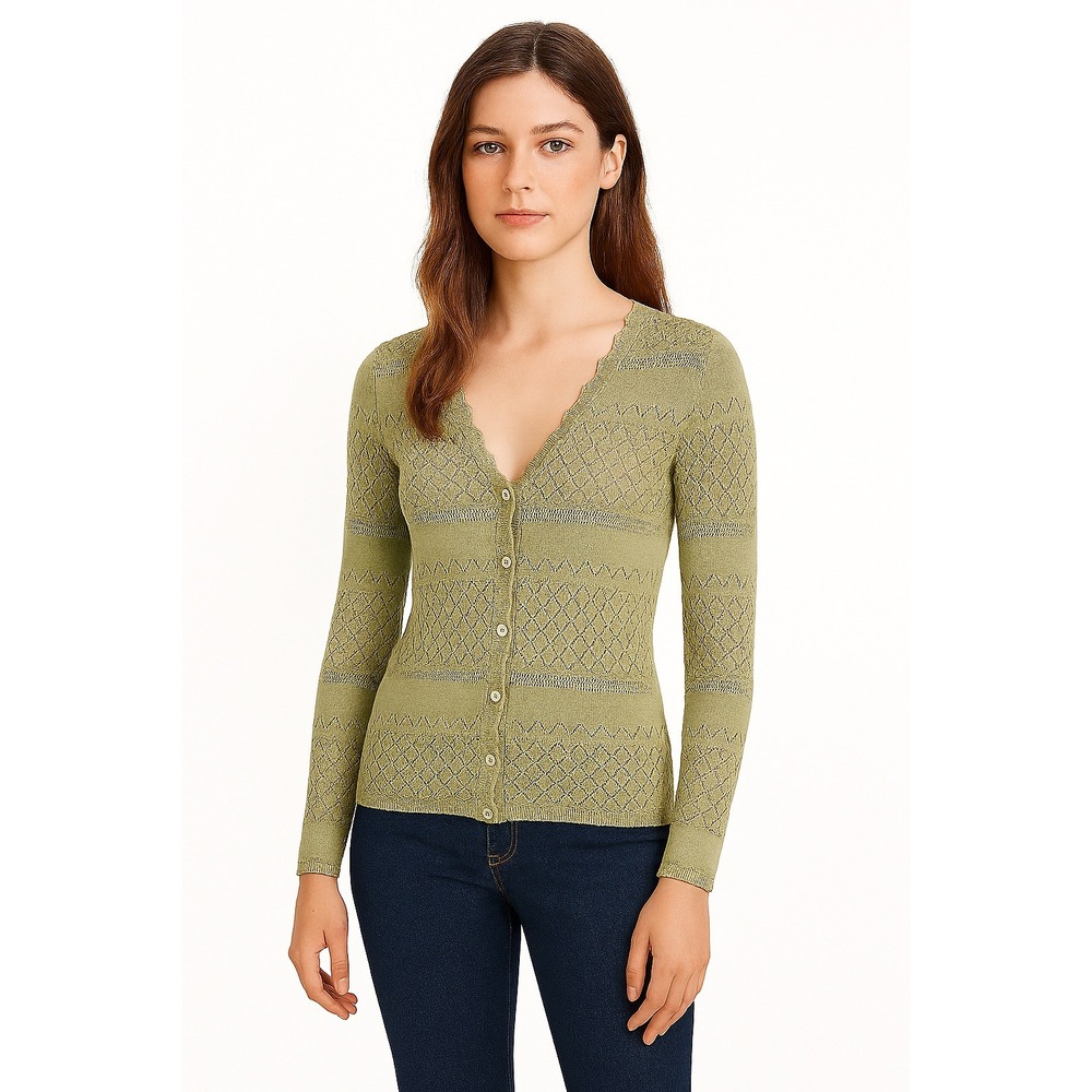 Frye Womens Pointelle Knit Scalloped V-Neck‎ Cotton Cardigan in Seagrass Size M
